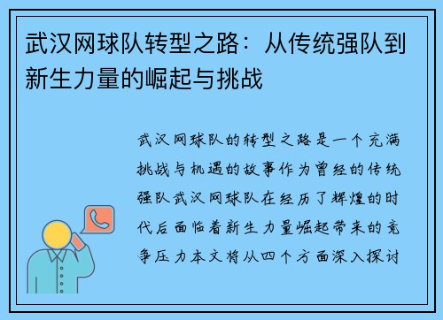 武汉网球队转型之路：从传统强队到新生力量的崛起与挑战